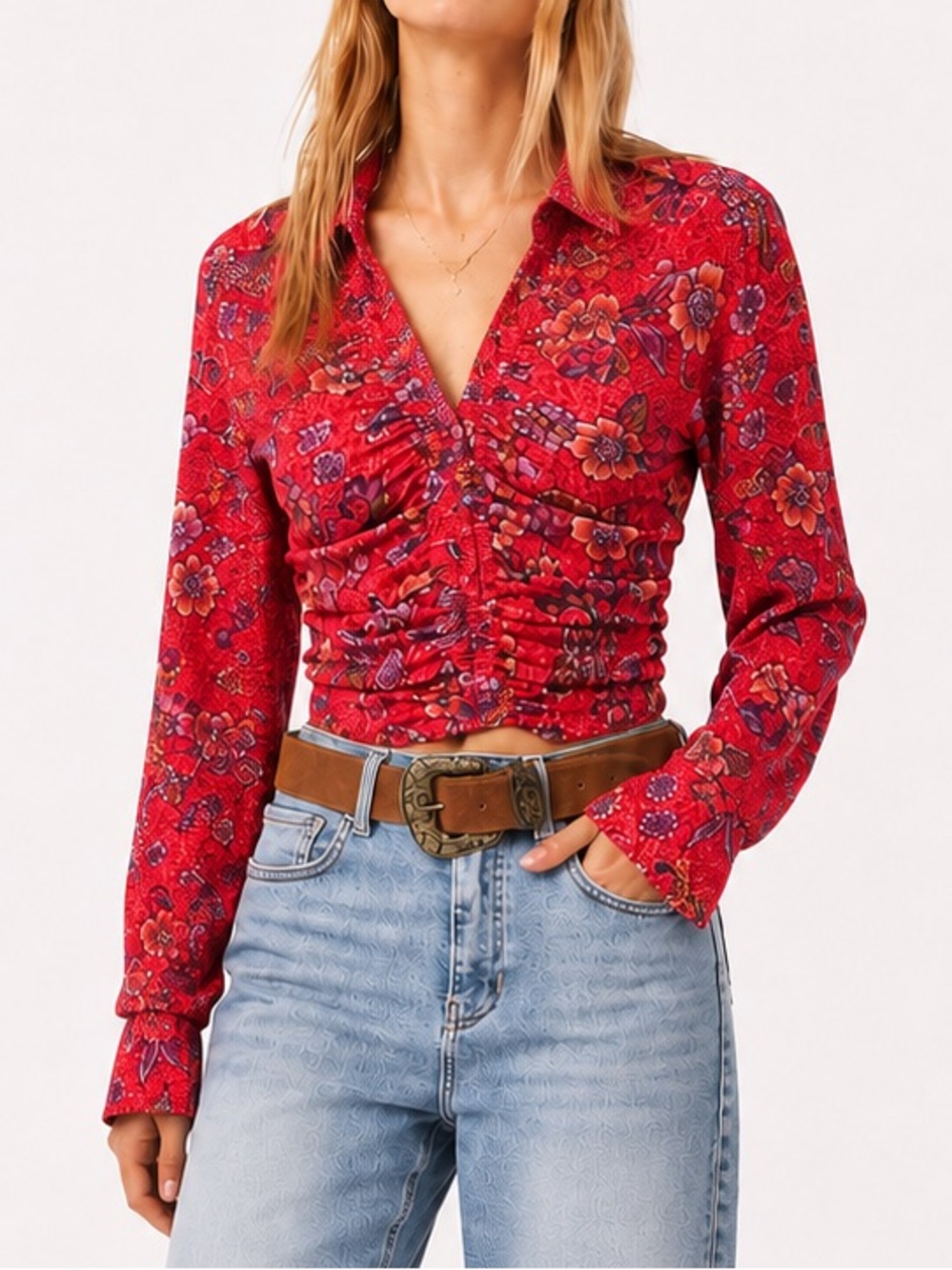 FREE PEOPLE Floral Cropped Top- Size XS - Pink Motif Print Shirred Blouse - NWT